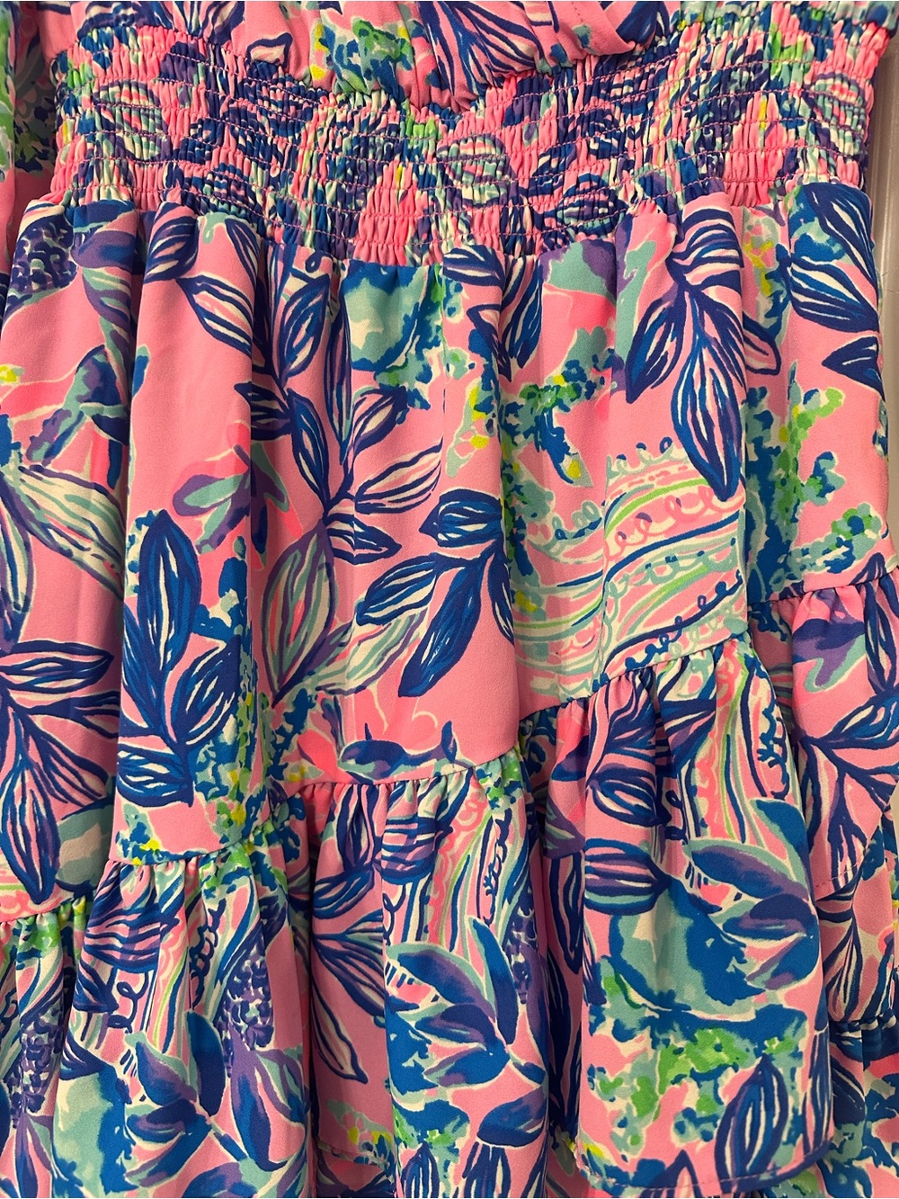 Lilly Pulitzer Pink Floral Long-Sleeve Ruffle Dress with Blue Leaf Print - Picture 3 of 4